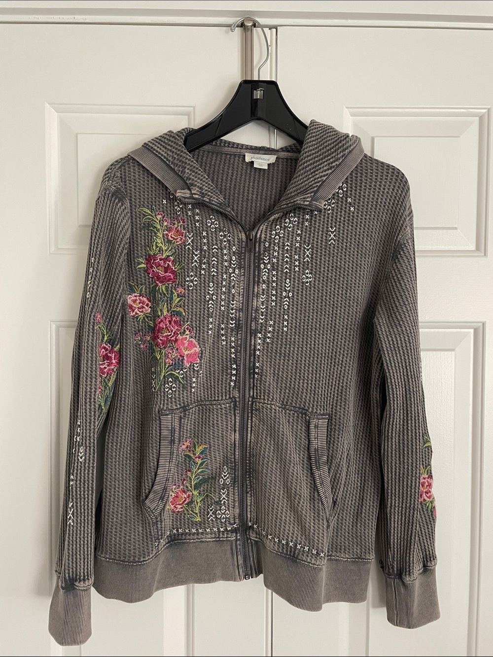 Sundance Jolene Gray Hooded Zip Cardigan with Pink Floral Embroidery